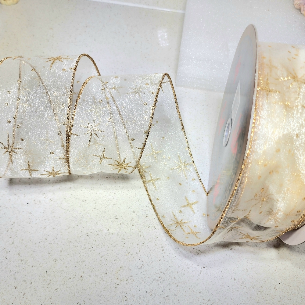 Vintage Wired Sheer Gold Ribbon With Glitter Stars